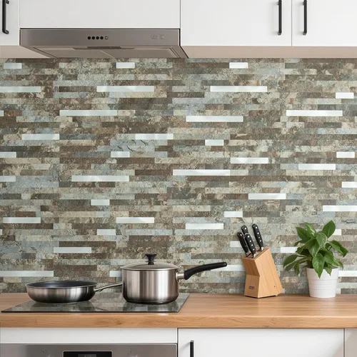 Vista 2 de AULIGET 20 hojas de pizarra beige y marrón para despegar y pegar, azulejos de pared de metal mixto de PVC plateado para salpicaduras para cocina