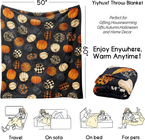 Vista 4 de Manta de calabaza de Halloween, manta de vellón de otoño, regalos de calabaza para mujeres, manta de franela de Halloween para el hogar, sala
