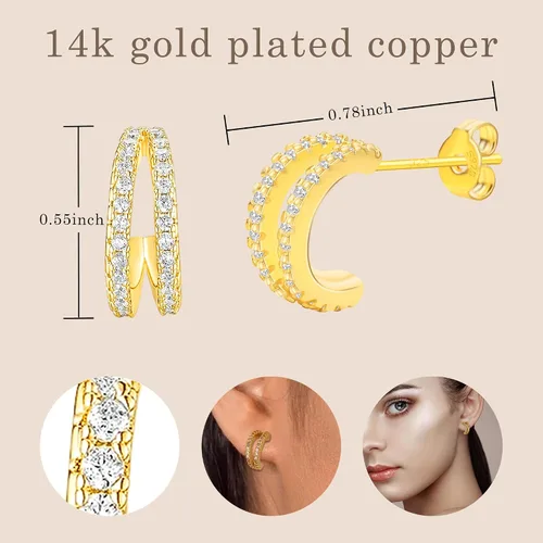 Vista 5 de Gold Double Huggie Earrings for Women, Small 14k Gold Plated Hoop Earring with Zircons, Mini Double Gold Hoop Earrings as Gift for Girls