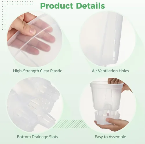 Vista 4 de OMISTAR Macetas de riego automático con depósito, macetas de plástico transparente con orificios de aire y drenaje, macetas de flores