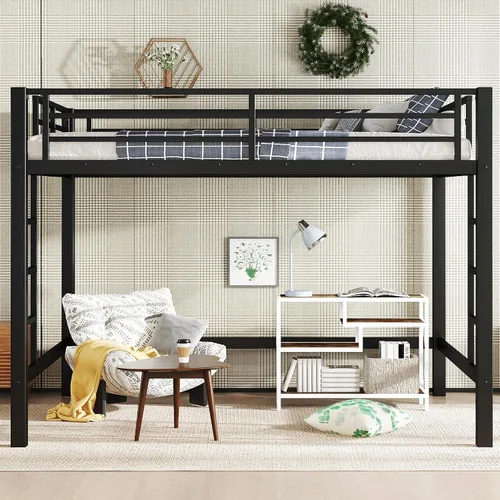 Vista 10 de Twin Size Metal Loft Bed with Open Space Underneath, Heavy Duty Bed Frame with 2 Ladders and Tall Guardrail for Adults, Kids and Young Teens, Black
