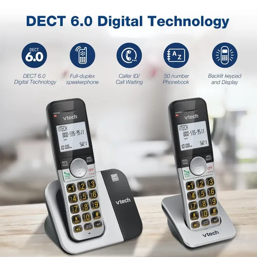 Vista 6 de VTech Teléfono inalámbrico con pantalla grande y botones grandes, DECT 6.0 con identificador de llamadas/llamada en espera, altavoz dúplex completo