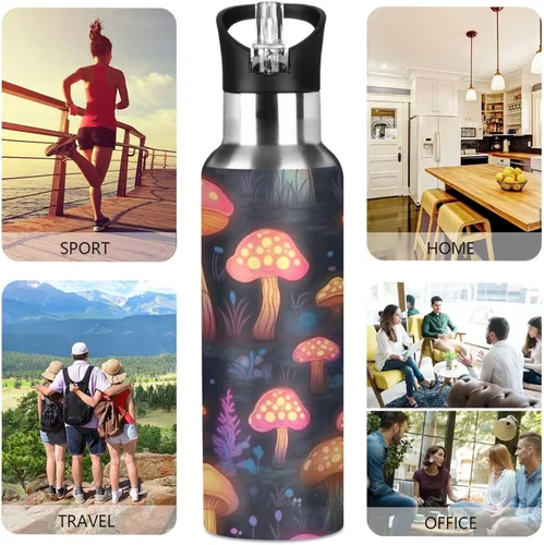 Vista 5 de Vnurnrn Botella de agua deportiva con tapa aislada y pajita, acero inoxidable de 20 onzas, sin BPA, a prueba de fugas, taza deportiva, hongos