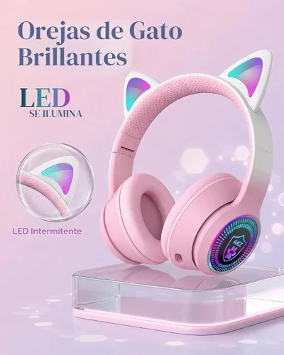 Vista 4 de Auriculares plegables inalámbricos Bluetooth 5.1 con luz LED, VIGROS estéreo, música, sonido envolvente con micrófono AUX para PC, pad, móvil Rosa