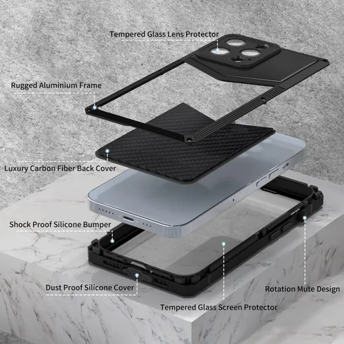 Vista 2 de Funda de fibra de carbono de lujo con funda de aluminio para iPhone 13 Pro de 6.1 pulgadas, funda protectora militar a prueba de golpes