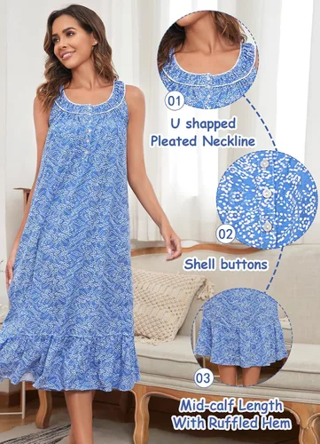 Vista 2 de Nightgowns for Women Sleeveless Sleepwear 100% Cotton Night Gown Wide Strap Sleep Shirt Pleated Scoopneck Nightshirt