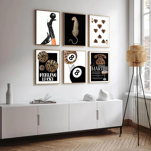 Vista 4 de 6 piezas de arte de pared de leopardo de moda Funky Lucky 8 pósteres de bolas negras para piscina, decoración de pared de guepardo, decoración