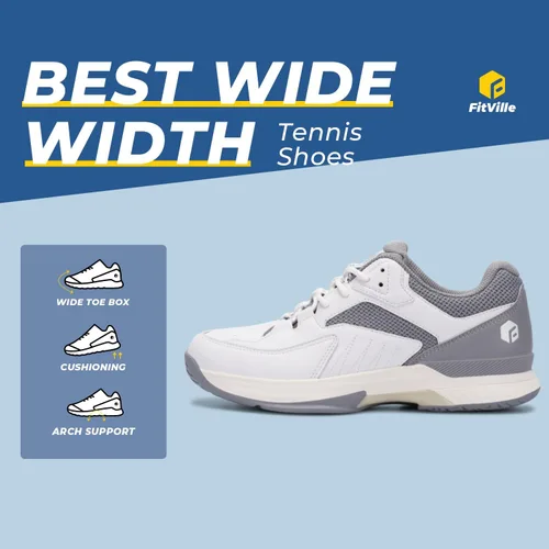 Vista 7 de FitVille Zapatos anchos de pickleball para hombre de toda cancha, zapatos de tenis con soporte de arco para fascitis plantar