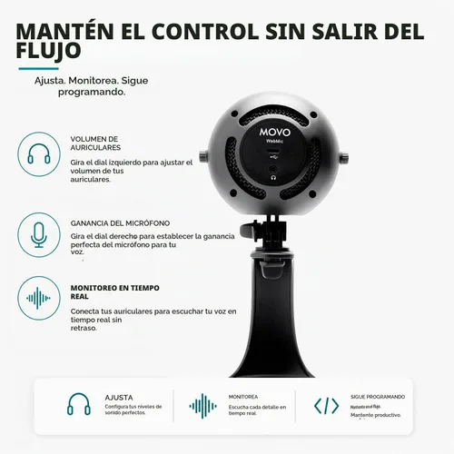 Vista 6 de Micrófono USB Movo WebMic para codificación IA, indicaciones de voz y dictados Negro