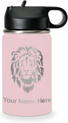 Vista 19 de LaserGram Botella de agua personalizada, cabeza de león, acero inoxidable de doble pared aislada al vacío con popote superior, regalo grabado