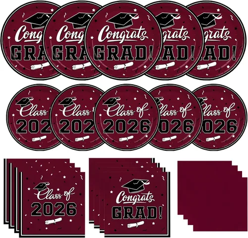 Vista 12 de Platos y servilletas de fiesta de graduación, decoraciones de graduación de clase de 2026, platos de papel desechables negros y dorados, servilletas
