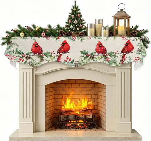 Vista 13 de Daleng Bufanda de repisa de camión de Navidad con muñeco de nieve para chimenea, 60 x 17 pulgadas, árbol de Navidad, copos de nieve, ciervos, verde