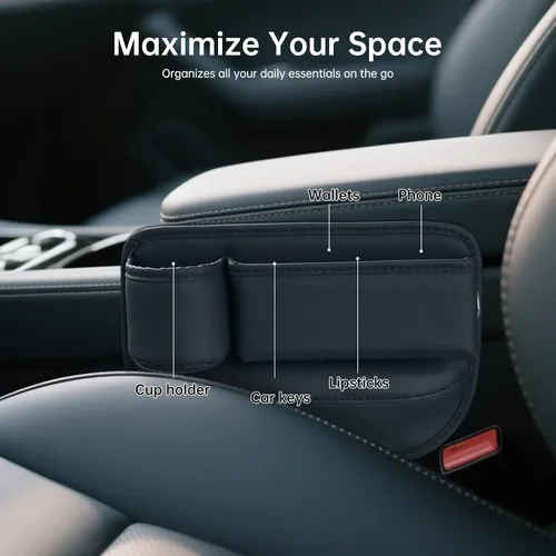 Vista 3 de Umickoo Paquete de 2 Organizadores de Relleno de Asiento de Carro, Organizador de Asiento de Carro de Cuero con Portavasos, Accesorios