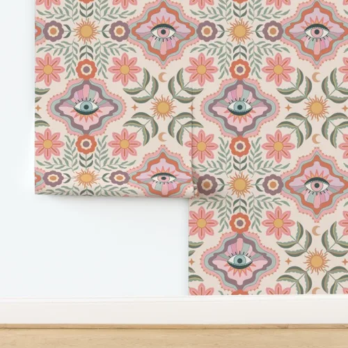Vista 4 de Despegar y pegar muestra de papel tapiz – Boho Floral Retro Eyes Adolescente Femenino Adolescente Femenino Flores Bohemio Femenino Niños Sol
