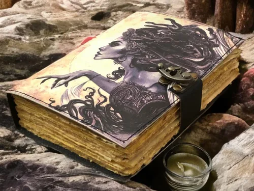 Vista 7 de Libro de hechizos en blanco de sombras con diario de cuero hecho a mano grimorio con 200 hechos a mano con papel de borde Deckle para regalos de 7 x