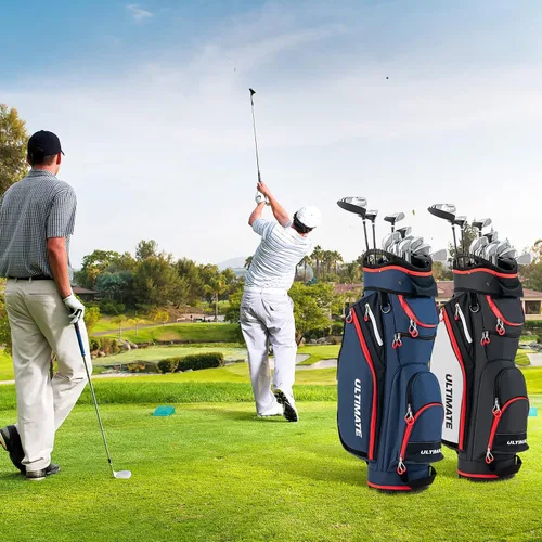 Vista 7 de GYMAX Bolsa de golf, bolsa de carrito de golf con divisor de 14 vías con capucha de lluvia y bolsa enfriadora, bolsa de golf impermeable para Negro