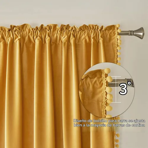 Vista 4 de MIULEE - Cortinas de terciopelo con pompones amarillo mostaza para habitación/sala de estar, cortinas opacas para otoño, aislantes térmicos, de 84