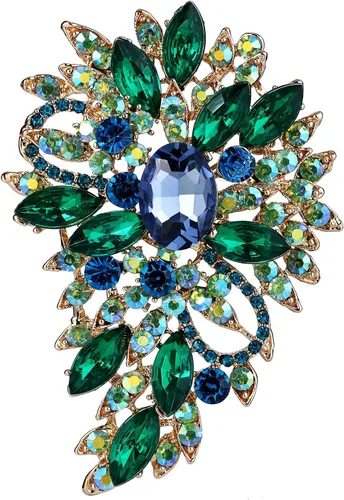 Vista 14 de EVER FAITH - Broche para mujer, con diseño de flores y hojas de cristales austriacos, ideal para bodas Color aguamarina con verde