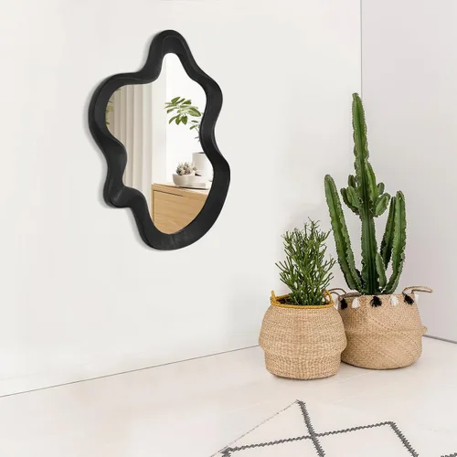 Vista 6 de Espejo asimétrico para decoración de pared, grande, moderno, ondulado, con marco de madera, espejo de pared con forma única montado en pared
