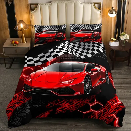 Vista 31 de Feelyou Juego de ropa de cama de coche de carreras para niños y niñas, tamaño individual, juego de edredón deportivo de velocidad para adolescentes