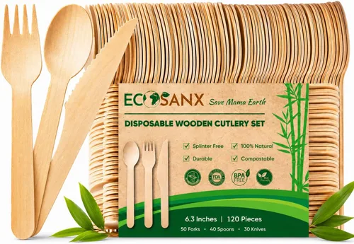 Vista 13 de ECOSANX® 120 piezas de tenedores de madera para comer de 16.5 cm libres de astillas, compostables, juego de cubiertos de madera ecológico