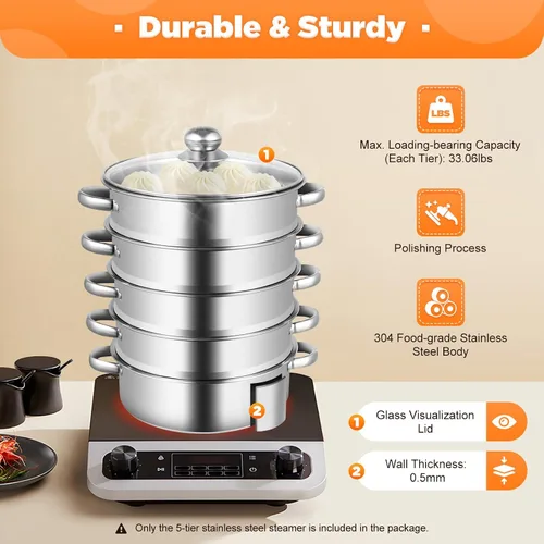 Vista 3 de Vaporizador de acero inoxidable de 5 niveles, olla de vapor apilable de acero inoxidable con tapa de vidrio para cocinar al vapor y cocinar