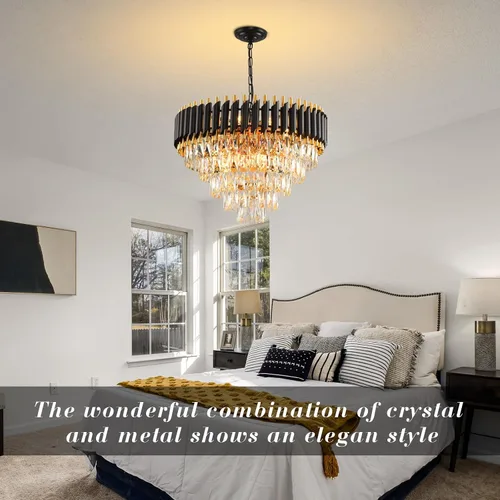 Vista 4 de Candelabro de cristal moderno dorado de 5 niveles para sala de estar, lámpara de araña grande de cristal negro, lámpara colgante de techo