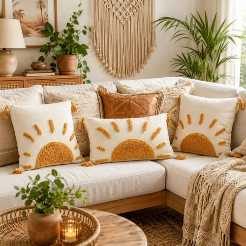 Vista 2 de Zealax Funda de almohada decorativa bohemia de 18 x 18 pulgadas para sofá, sala de estar al aire libre, fundas de almohada copetudas con borlas