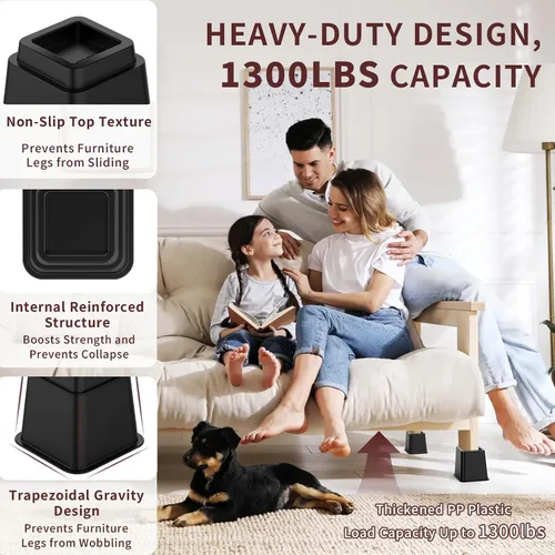 Vista 4 de Elevadores de cama ajustables de 3, 5, 8 pulgadas, resistentes, apilables, juego de 4 elevadores de cama para sofá, silla, mesa y escritorio