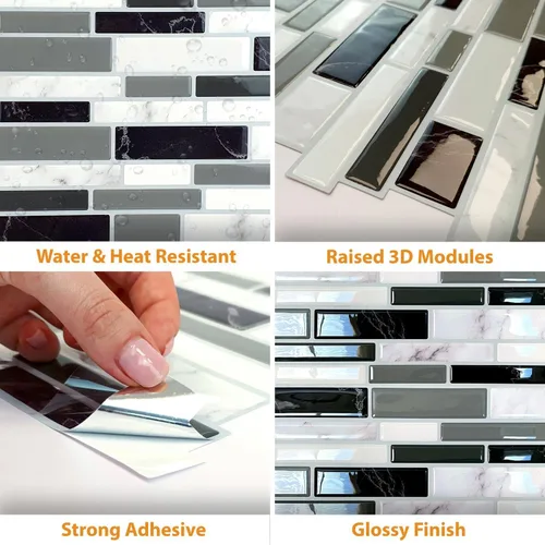 Vista 5 de WALPLUS - 12 Hojas de azulejos adhesivos 3D, 12 x 6 pulgadas, despega y pega, para loseta en muro, cocina, baño y metro, adorno resistente al calor
