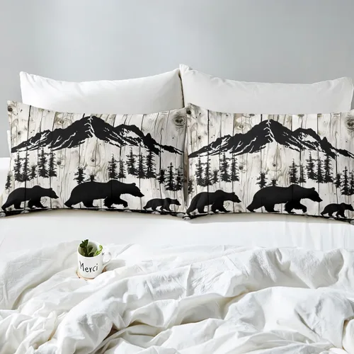 Vista 4 de Manfei Juego de sábanas de oso tamaño individual, diseño de silueta de árbol negro, 3 piezas con sábana bajera de bolsillo profundo + sábana
