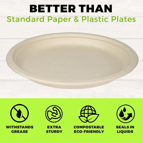 Vista 4 de NYHI Platos de alta resistencia desechables de 10 pulgadas para adultos y niños, platos de papel de caña de azúcar, color marrón, ecológicos