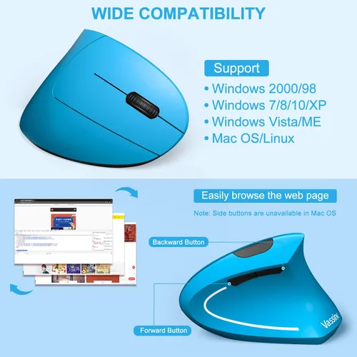 Vista 5 de Vassink Mouse ergonómico, mouse inalámbrico recargable, mouse óptico vertical recargable de 2.4 GHz con receptor USB, 6 botones, 80012001600 DPI