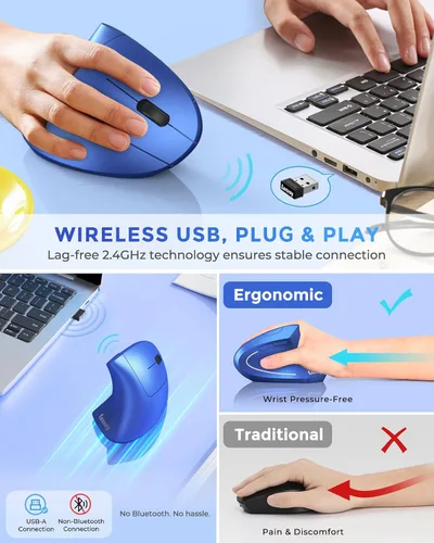 Vista 3 de Lekvey Ratón ergonómico, recargable 2.4G USB vertical inalámbrico, azul