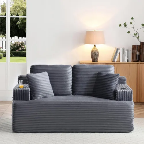 Vista 48 de Sofá sin hueso de 66.5 pulgadas con portavasos y bolsillos laterales, sofá biplaza tapizado de tela de pana moderna con 2 almohadas para sala
