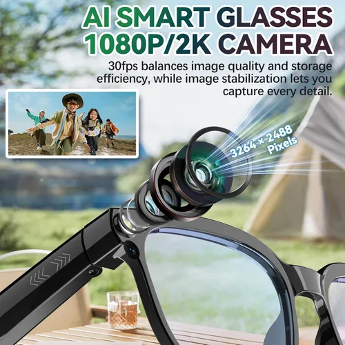 Vista 2 de Lentes inteligentes AI con cámara, 8MP HD Bluetooth gafas con reducción de ruido ENC, lentes reemplazables, control de voz, reproducción de música
