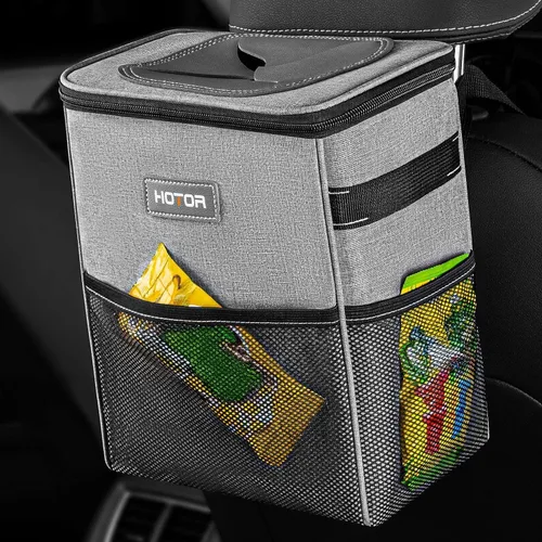 Vista 17 de HOTOR - Organizador de auto con tapa y bolsillos de almacenamiento, 100 % a prueba de fugas, resistente al agua, cubo de basura para autos Negro