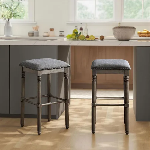 Vista 4 de Roundhill Furniture Arnhem Taburetes de bar tapizados de madera, juego de 2, color gris