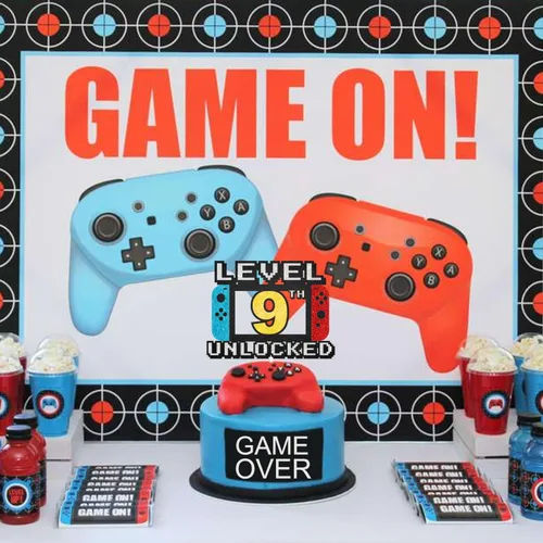 Vista 3 de Level Up - Decoración para tarta, letrero de juego de nivel 9, decoración de fiesta temática para videojuegos, suministros de fiesta para niños