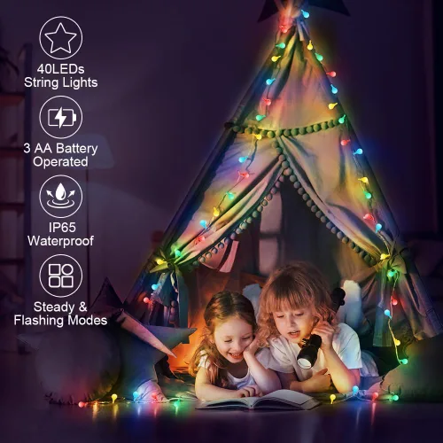 Vista 3 de AUAUY Guirnalda de luces LED de 40 luces LED de 19.6 pies, funciona con pilas, 2 modos, luces de Navidad para dormitorio, luces impermeables