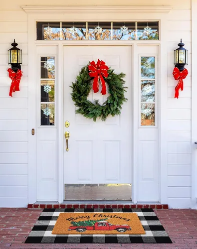 Vista 2 de Geelin 2 Tapetes de Puerta de Navidad, Felpudo Delantero Navideño a Cuadros Buffalo Blanco y Negro, Alfombra Decorativa de Árbol de Navidad