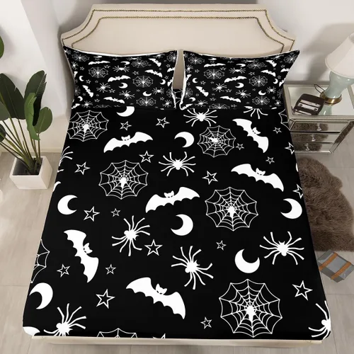 Vista 41 de Juego de sábanas bajeras con bonito diseño de gato negro para niños y niñas, diseño de dibujos animados de Halloween, gato, animales, sábanas