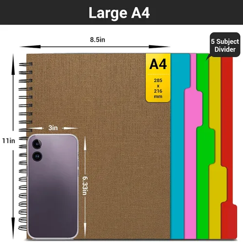 Vista 2 de EUSOAR - Cuaderno de espiral de 5 asignaturas, 1 pieza A4 27.9 x 21.6 cm Cuaderno de escritura con reglas de estilo universitario, 100GSM 120 hojas