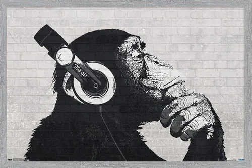 Vista 17 de Trends International Chimp with Headphones on Wall Wall Poster, 14.725" x 22.375", Barnwood Framed Version