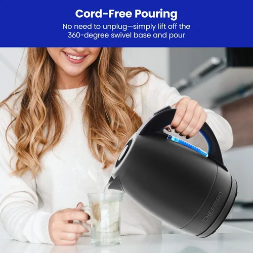 Vista 5 de Chefman Hervidor eléctrico, hervidor eléctrico de acero inoxidable de 1.8 litros con apagado automático, luces LED, protección para hervir y secar