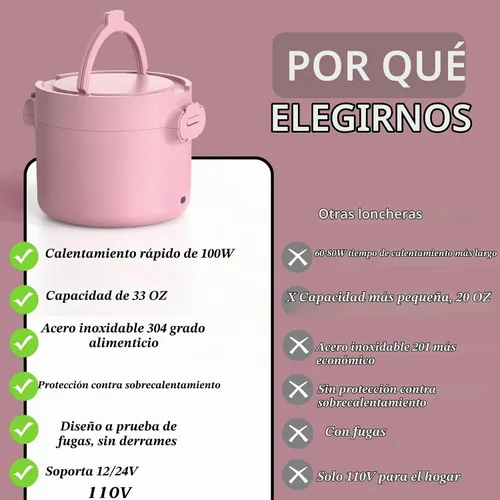 Vista 6 de Lonchera eléctrica de 100 W, calentador portátil de alimentos de 33 onzas, color rosa A-Rosa-33oz