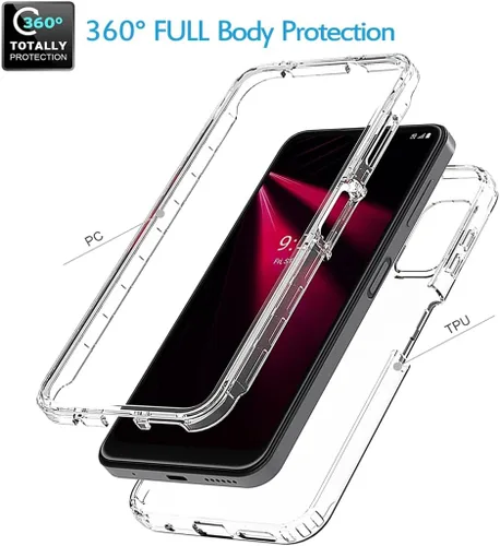 Vista 3 de Funda para teléfono T-Mobile Revvl V 4G con protector de pantalla de vidrio templado, carcasa protectora de cuerpo completo transparente