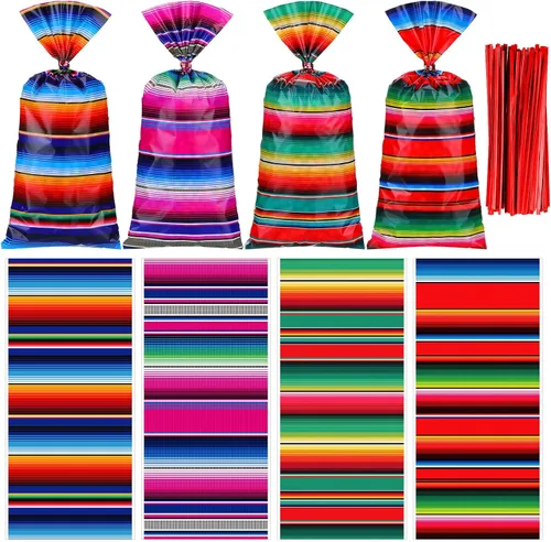 Vista 8 de 100 bolsas mexicanas de celofán para dulces para fiesta, recuerdo Recuerdo de fiesta con 150 lazos rojos, saco de regalo para fiesta