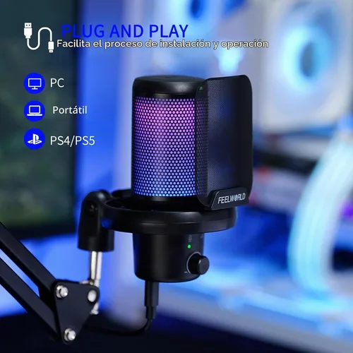 Vista 5 de FEELWORLD VM1 Micrófono USB para PC de juegos Micrófono condensador con cancelación de ruido Silencio Luz RGB, accesorios de computadora Regalos