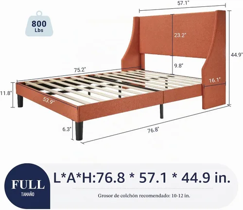 Vista 2 de Allewie Marco de cama de plataforma moderna, tamaño matrimonial con respaldo de orejas, tapizado, con cabecera, soporte de listones de madera, base